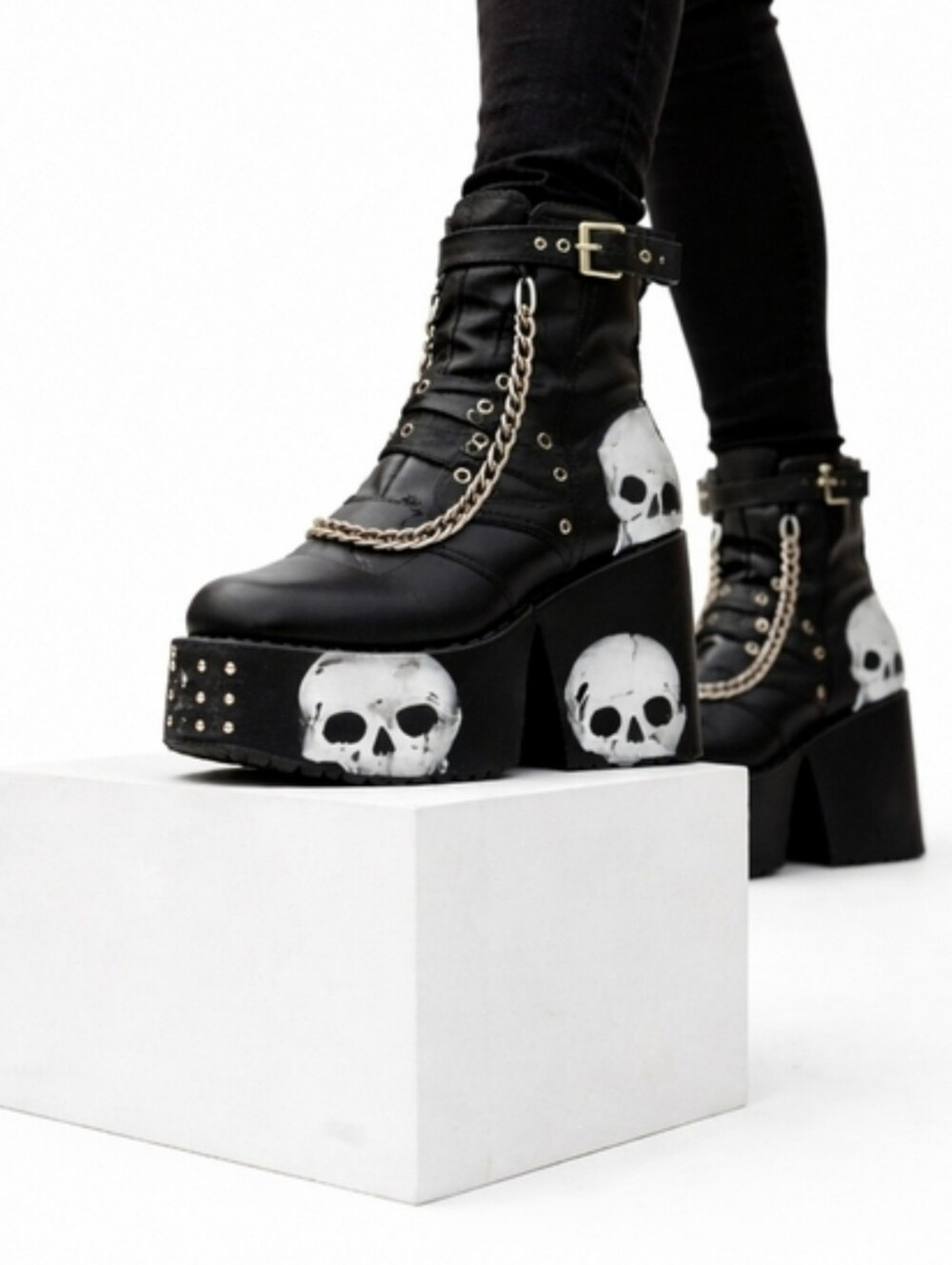 Dolls Kill x Lamoda Platform Skull Chain Spike Ankle Boots Vegan Leather Goth